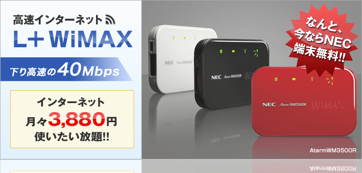 高速インターネットL＋WiMAX 下り高速の40Mbps インターネット月々3,880円使いたい放題！！